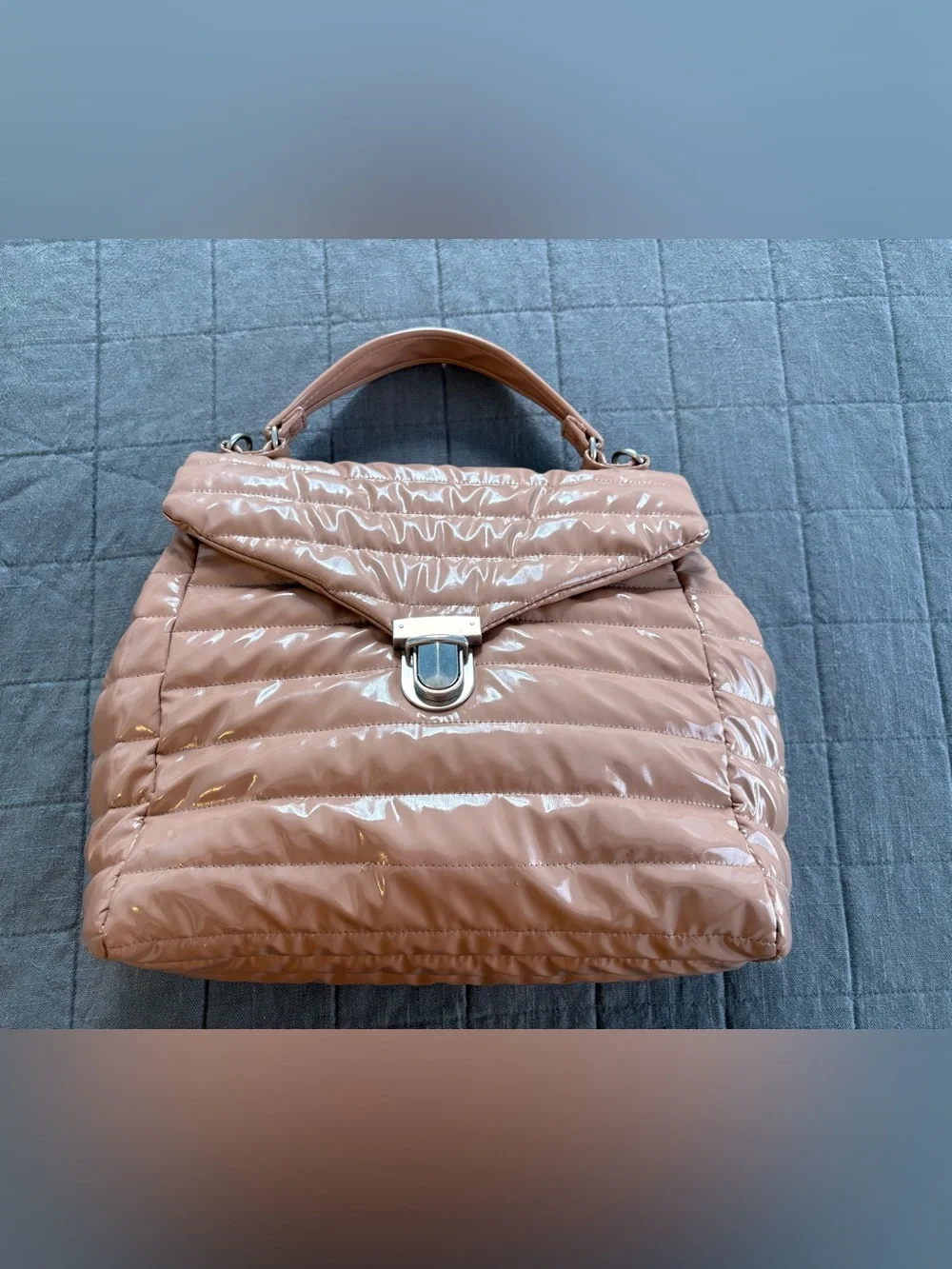 Think Royln Large The Evelyn Nude Patent Puffer Top Handle Satchel Bag Purse